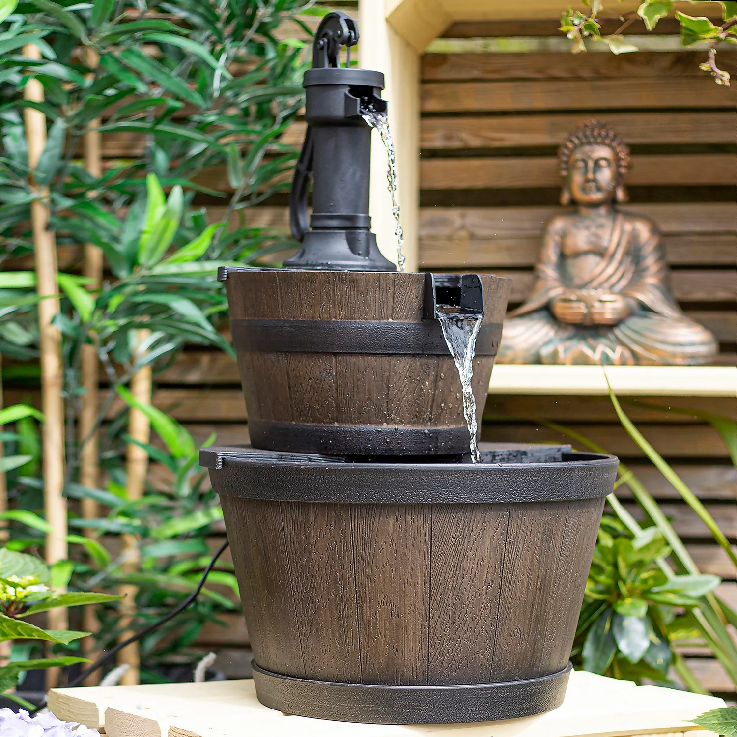 Stylish Fountain Whiskey Barrels Garden Water Feature 2 Stylish Fountain Whiskey Barrels Garden Water Feature - Image 2