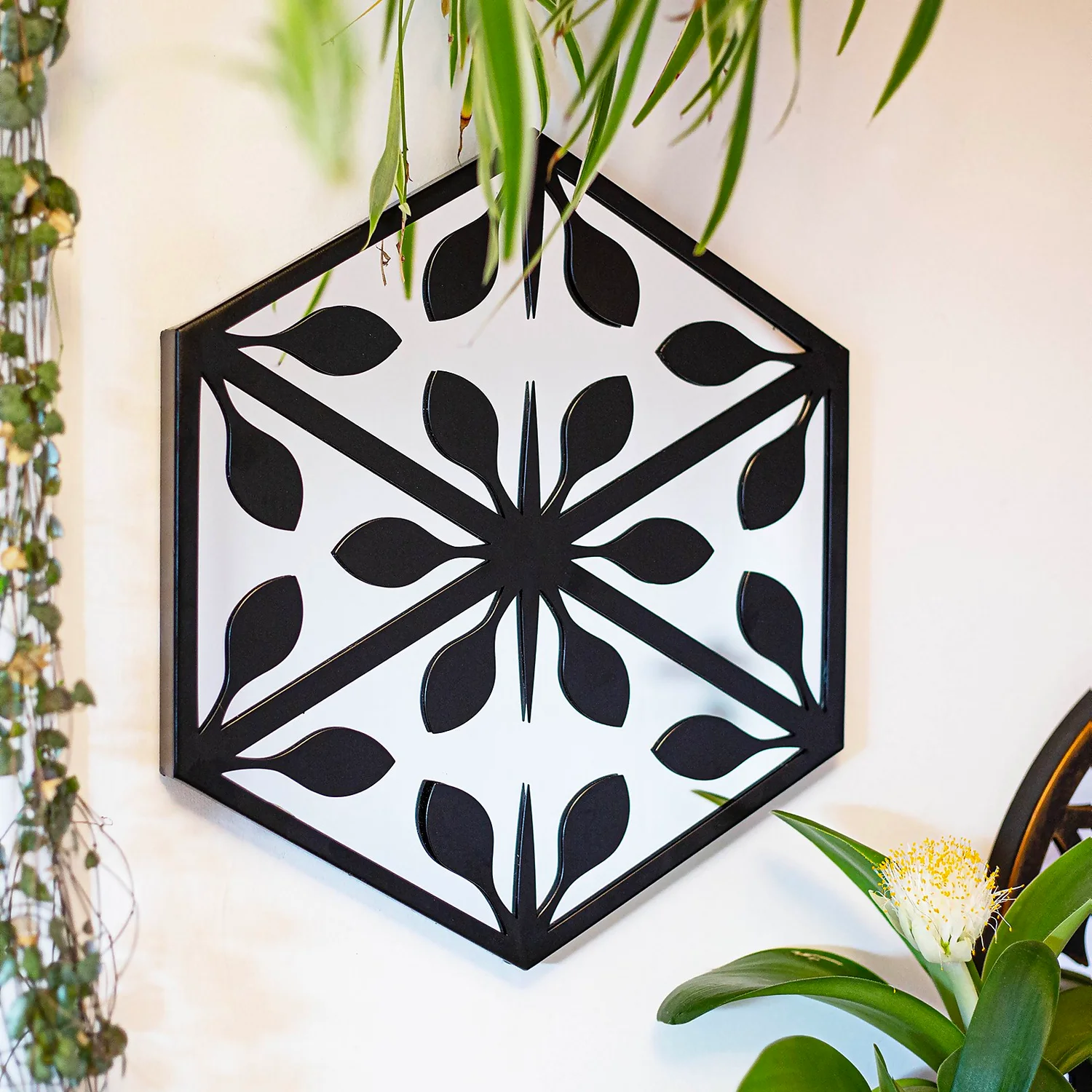 Hexagonal Laser Cut Outdoor Mirror 35cm - Black 3 Hexagonal Laser Cut Outdoor Mirror 35cm - Black - Image 3